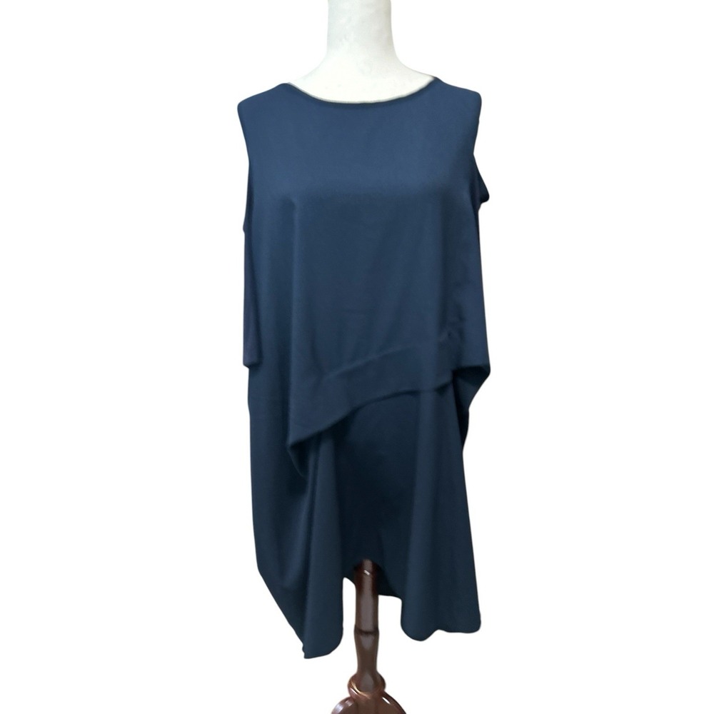 COMFY USA Navy Draped Cold Shoulder Asymmetrical Midi Dress L Lagenlook Artsy